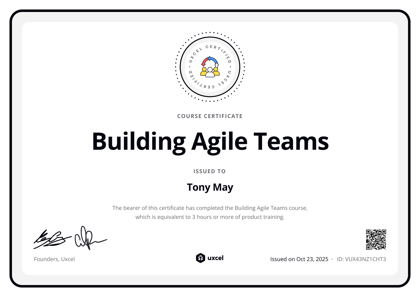 Tony May's certificate